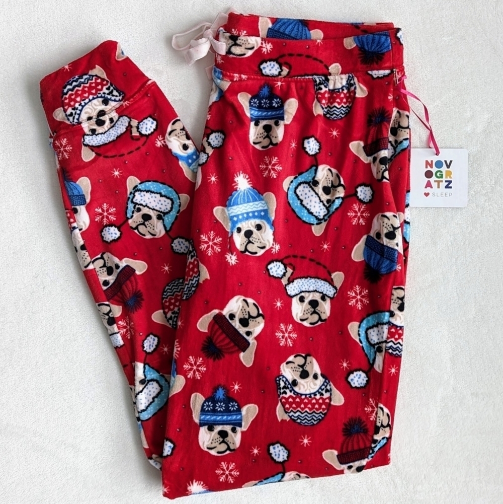 Novogratz Lounge Pants Fleece Frenchie Winter Print Elastic Waist Red M NWT